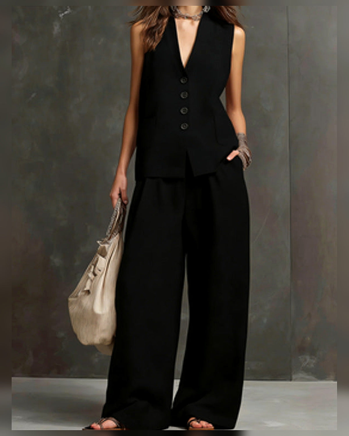 Completo Gilet con Pantaloni Palazzo - Nero
