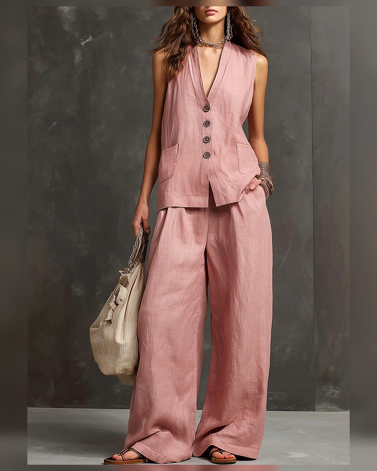 Completo Gilet con Pantaloni Palazzo - Rosa