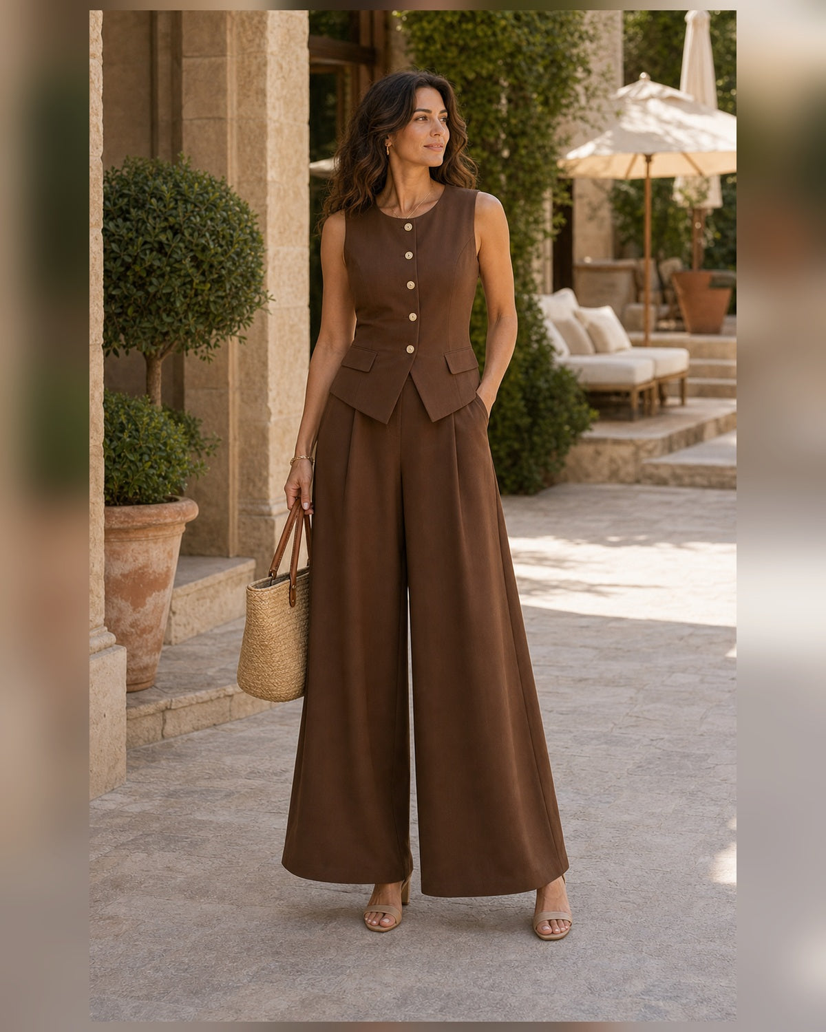 Completo Gilet con Pantaloni Palazzo - Marrone, look mediterraneo elegante