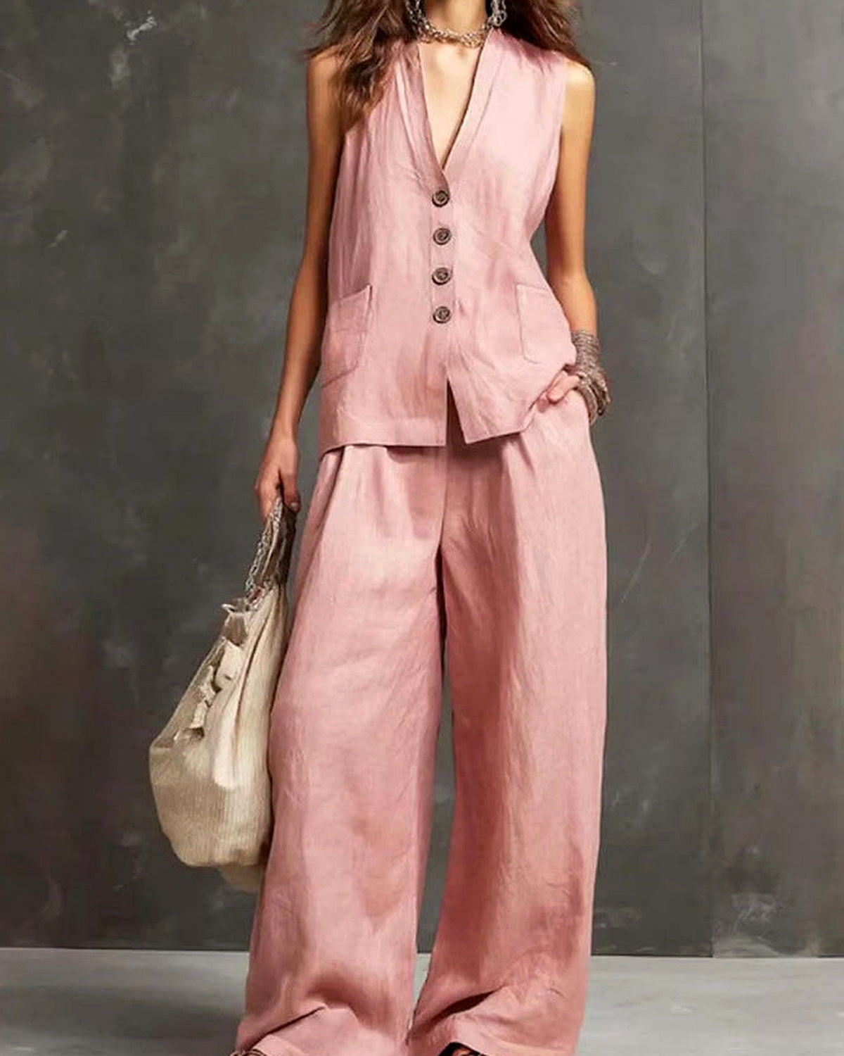 Completo Gilet Scuro e Pantaloni Palazzo - Rosa