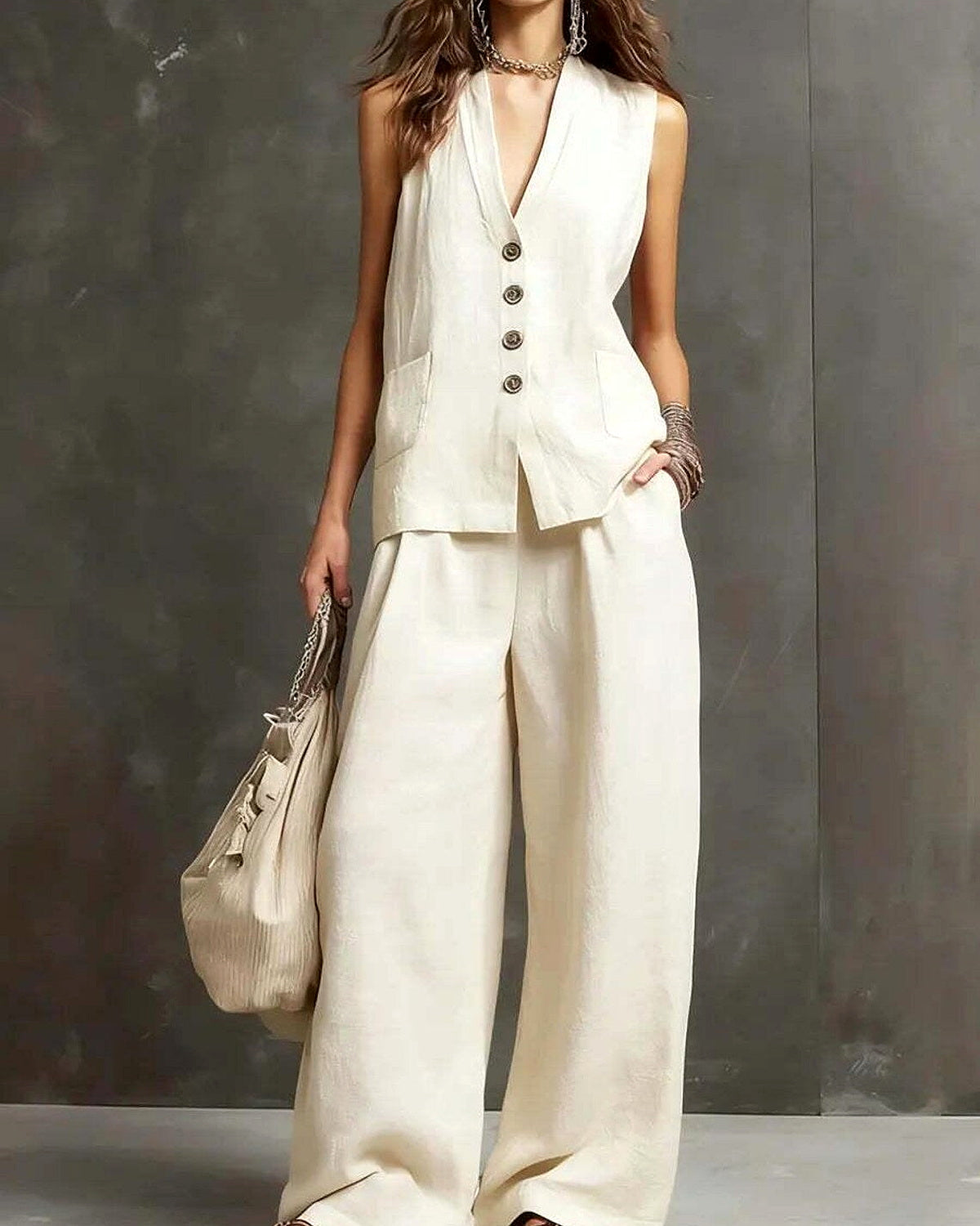 Completo Gilet Scuro e Pantaloni Palazzo - Grigio chiaro