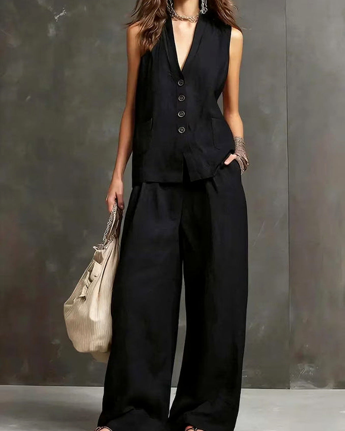 Completo Gilet Scuro e Pantaloni Palazzo - Nero