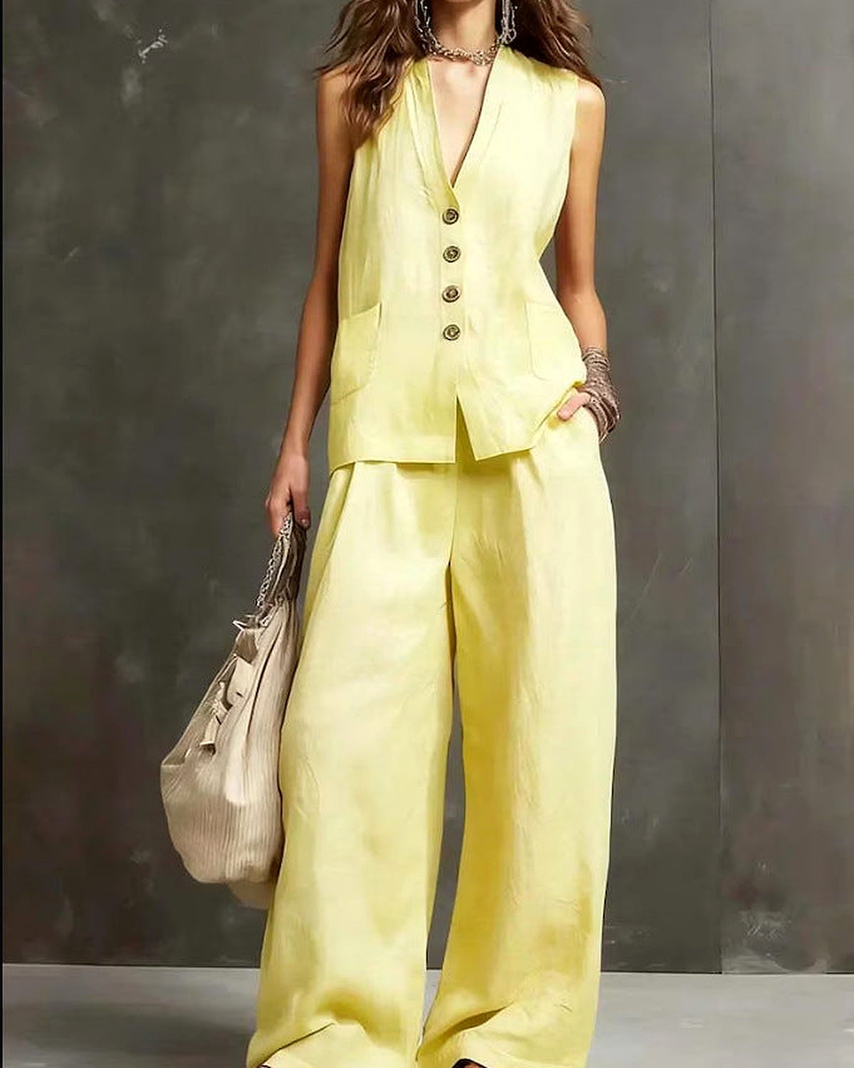 Completo Gilet Scuro e Pantaloni Palazzo - Giallo