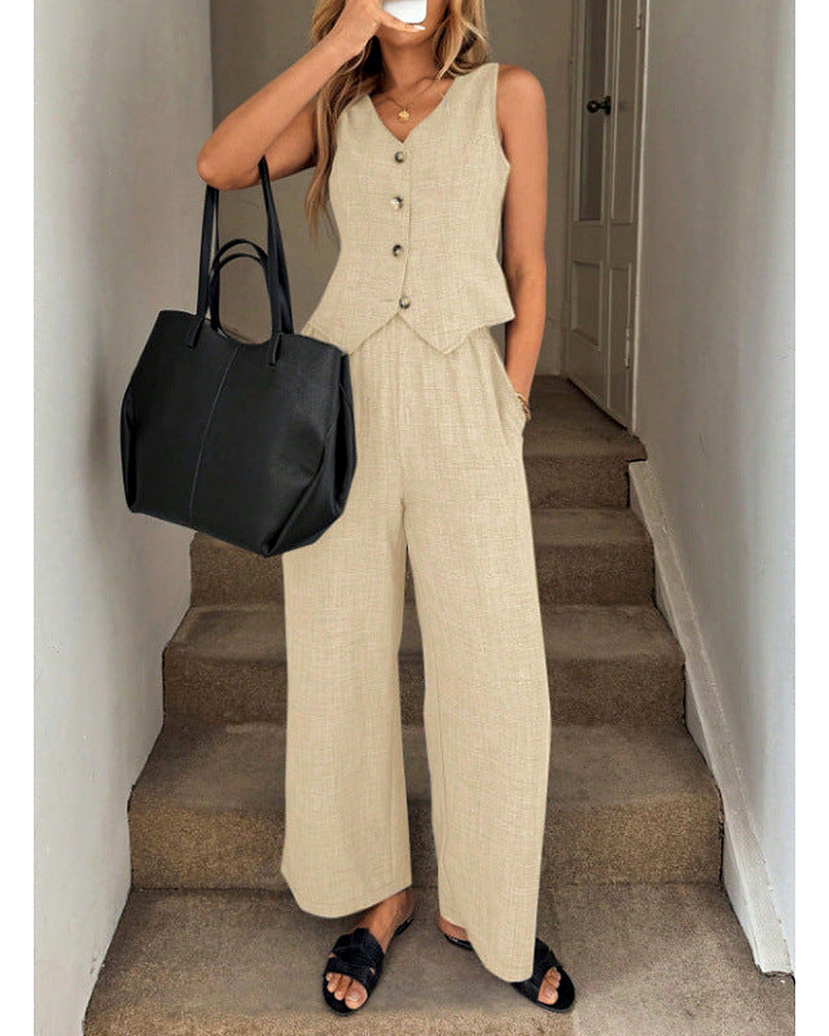 Completo Gilet V e Pantaloni Ampi Blu Lino - Beige lino