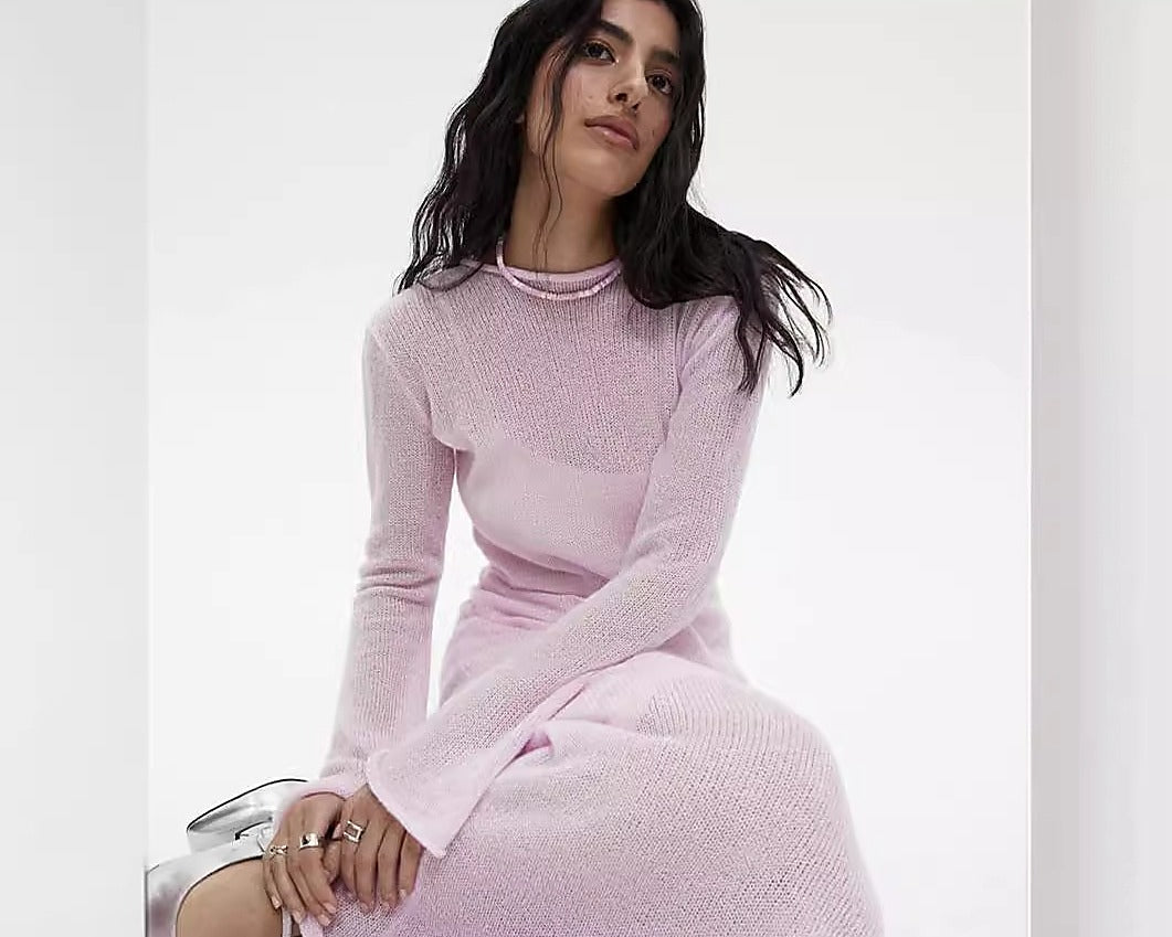 Completo in maglia traforata con abito sottoveste - Rosa - set maglia + abito sottoveste