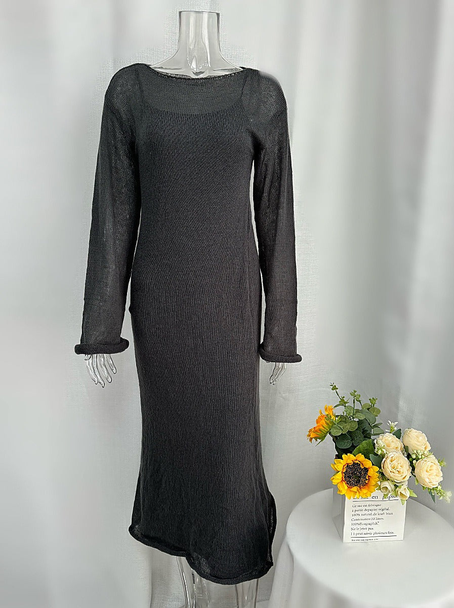 Completo in maglia traforata con abito sottoveste - Grigio - solo maglia