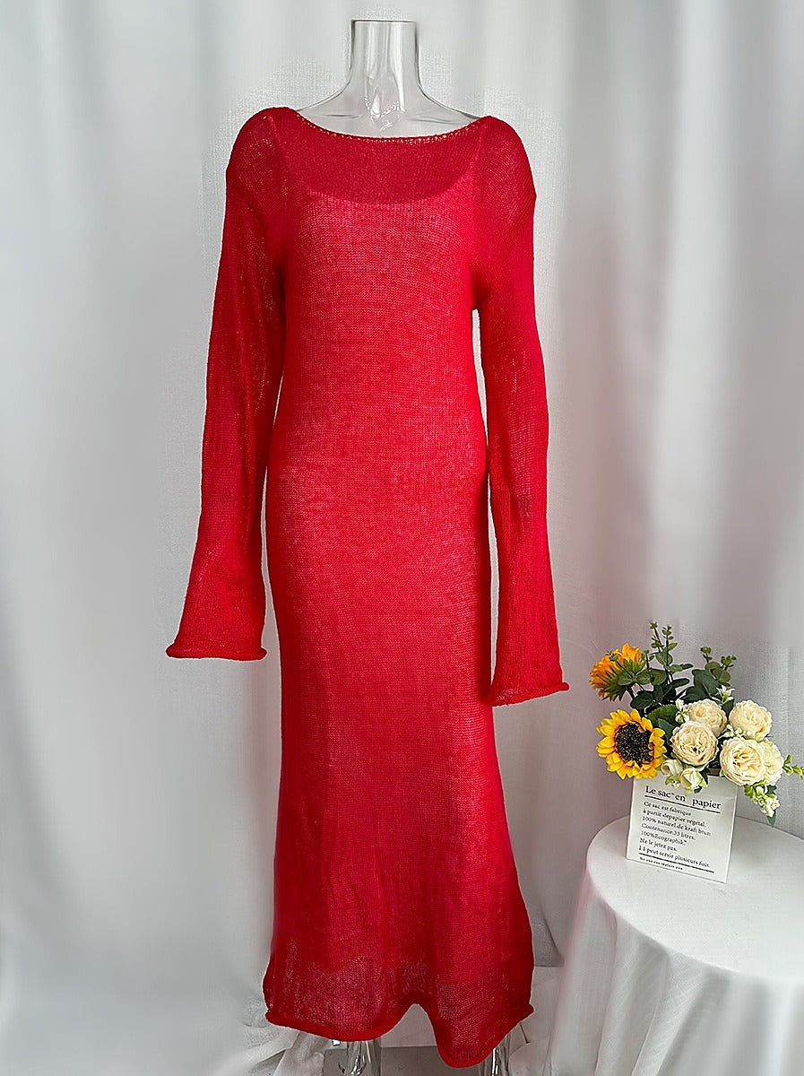 Completo in maglia traforata con abito sottoveste - Rosso - solo maglia