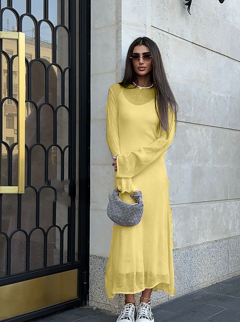 Completo in maglia traforata con abito sottoveste - Giallo - maglia + abito bianco