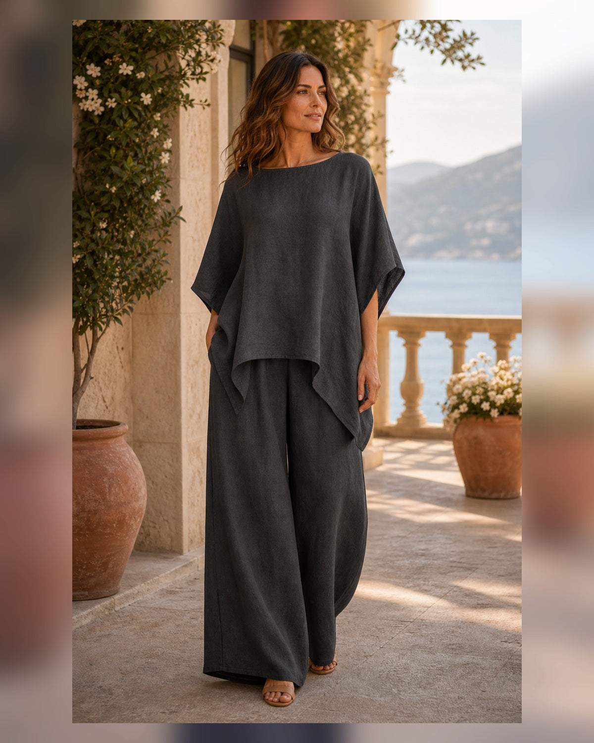 Completo Relax Camicia e Pantaloni in Lino - Grigio scuro, look resort elegante