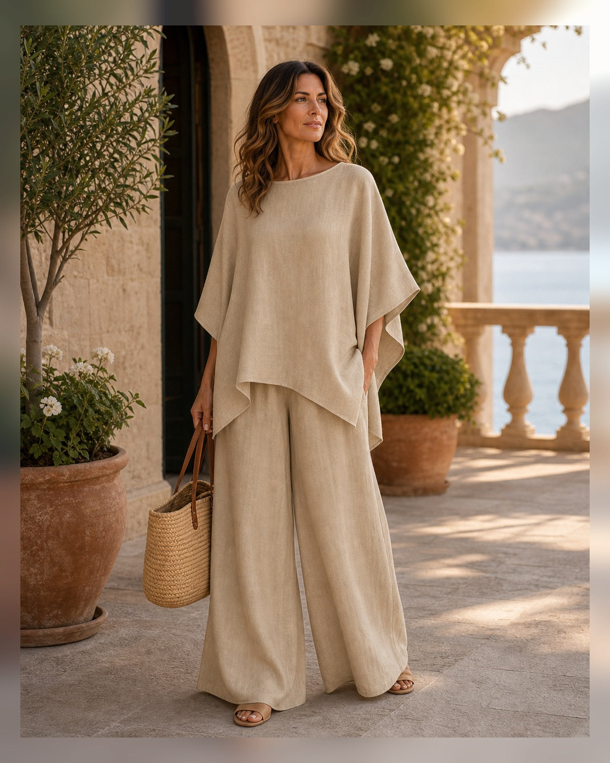 Completo Relax Camicia e Pantaloni in Lino - Khaki, look resort elegante