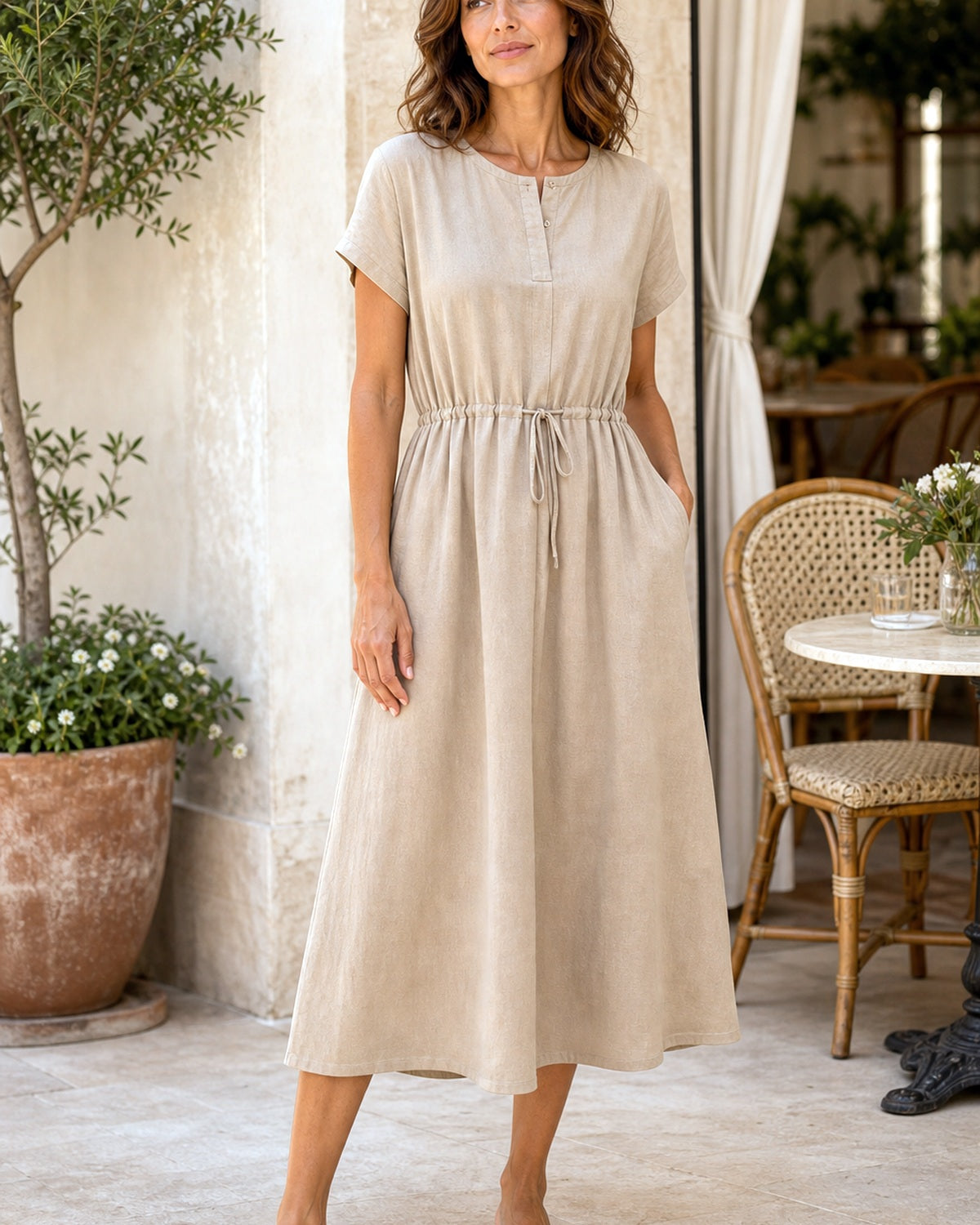 Abito Midi in Cotone Lino con Vita Definita - Khaki, look estate elegante