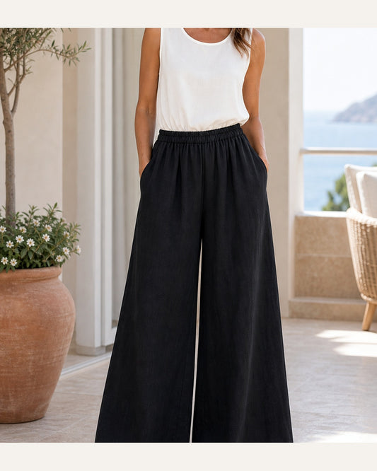 Pantaloni Palazzo Effetto Lino Petite - Nero, look estate elegante