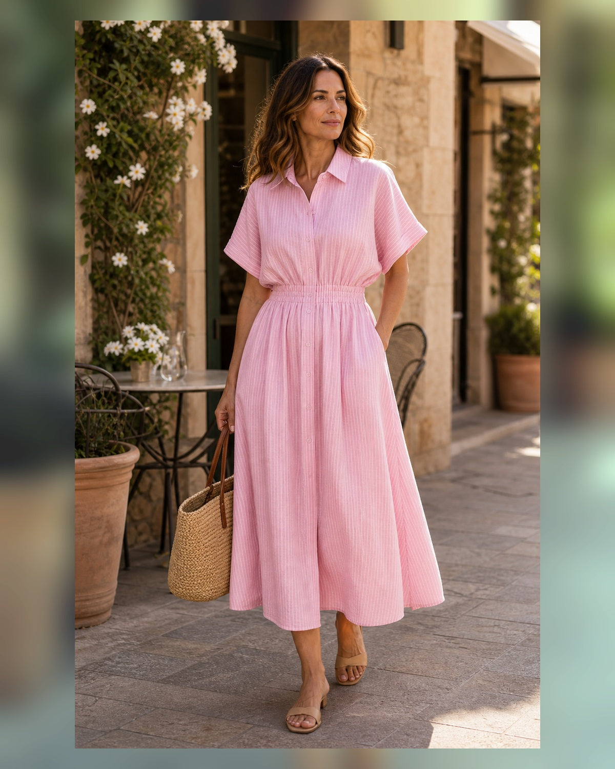 Abito Chemisier Rosa con Vita Arricciata - Rosa, look estate elegante