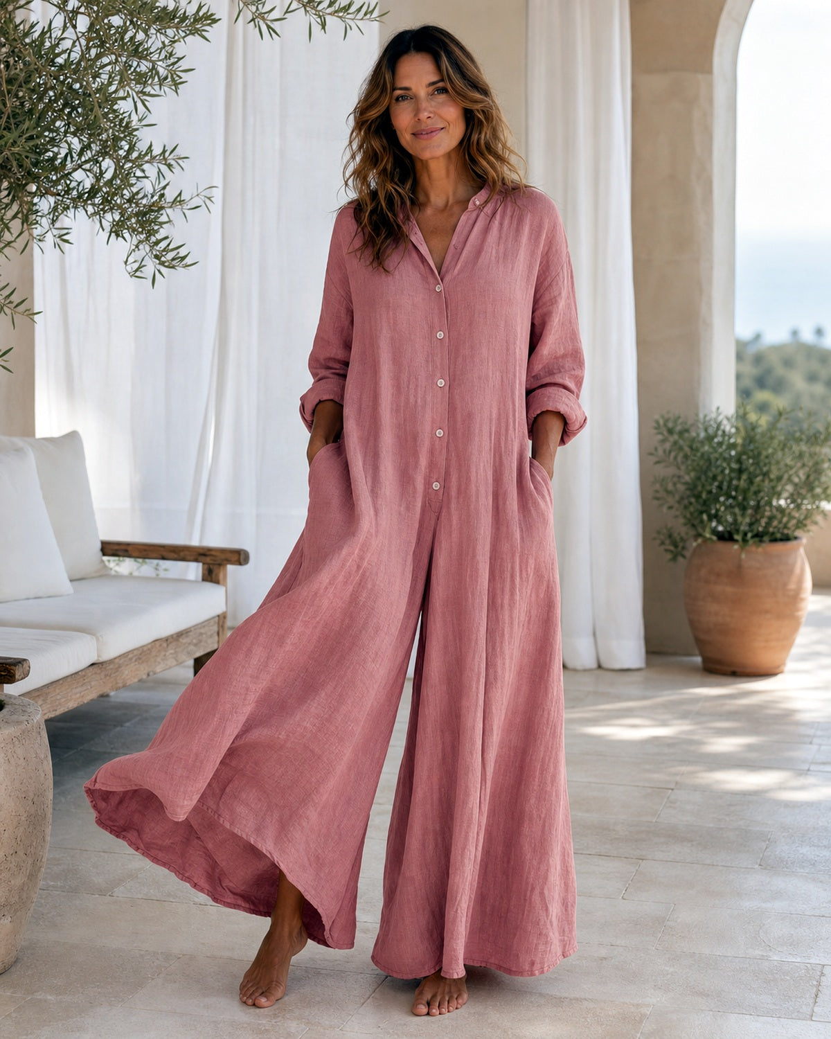 Tuta Palazzo in Cotone-Lino con Bottoni - Rosa antico, look resort elegante