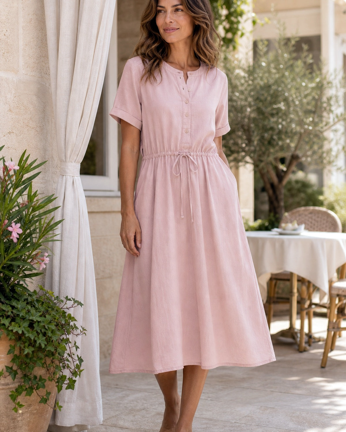 Abito Midi in Cotone Lino con Vita Definita - Rosa malva, look estate elegante