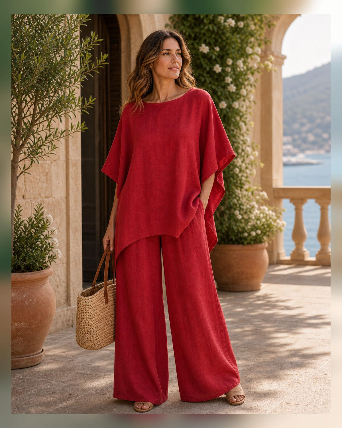 Completo Avorio in Lino con Camicia Morbida - Rosso, look resort elegante
