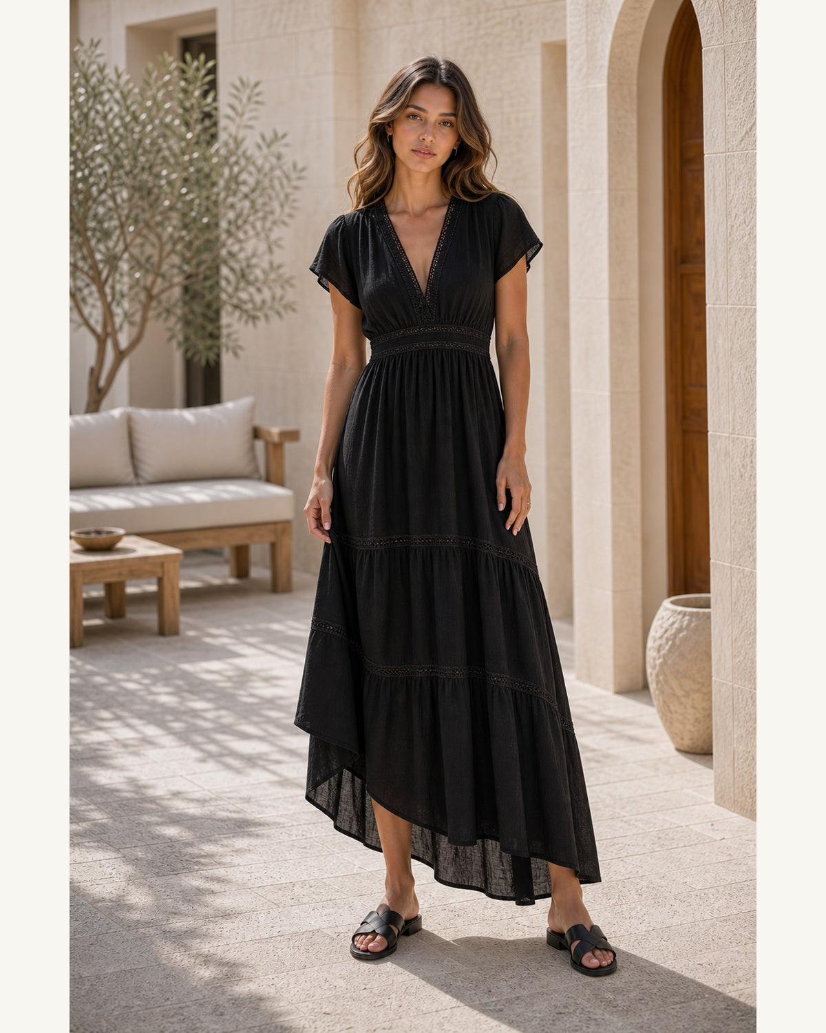 Abito Boho Azzurro con Scollo a V - Nero