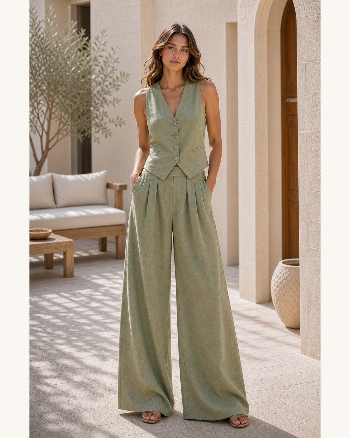 Completo Gilet con Pantaloni Palazzo - Verde avocado