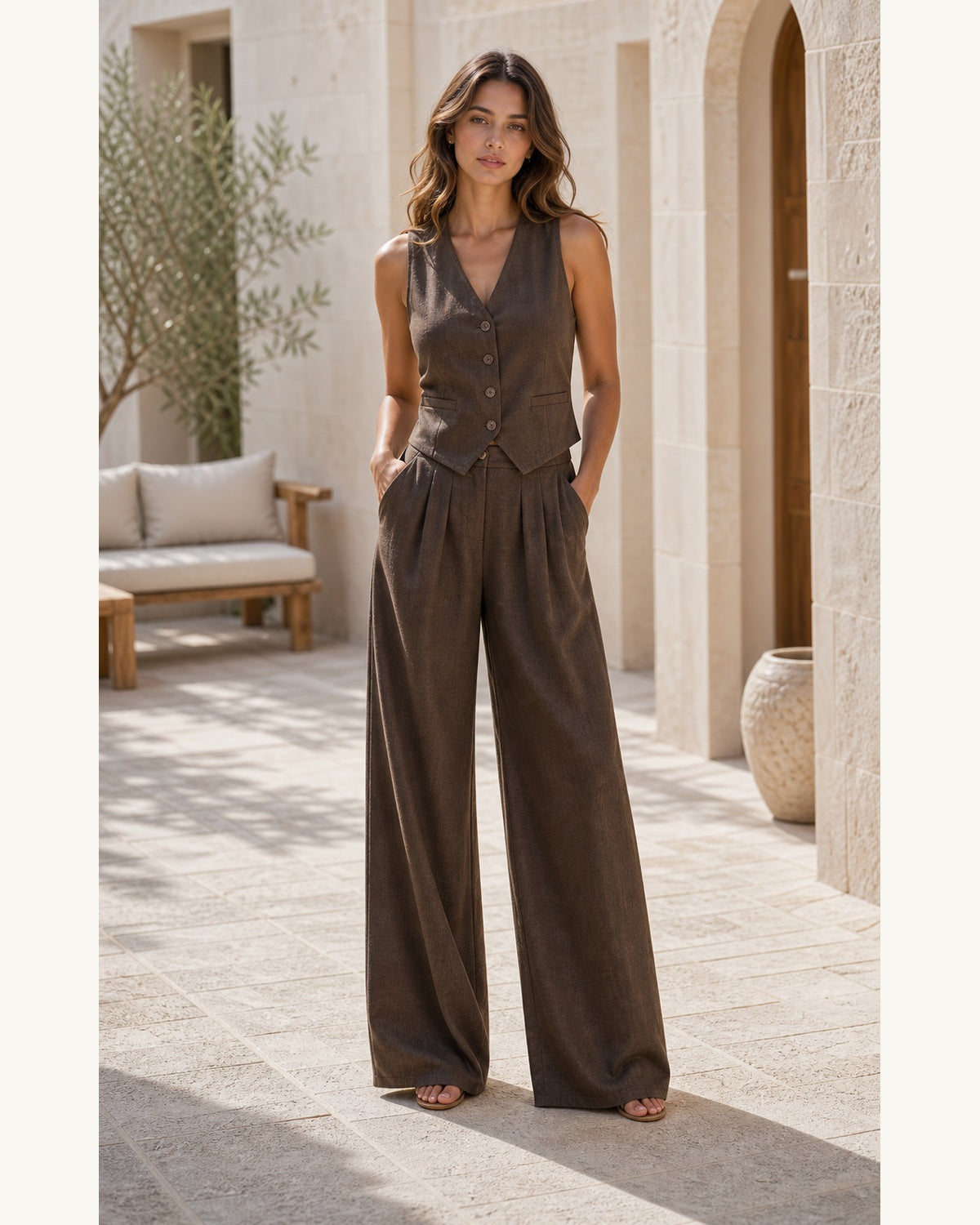 Completo Gilet con Pantaloni Palazzo - Caffe
