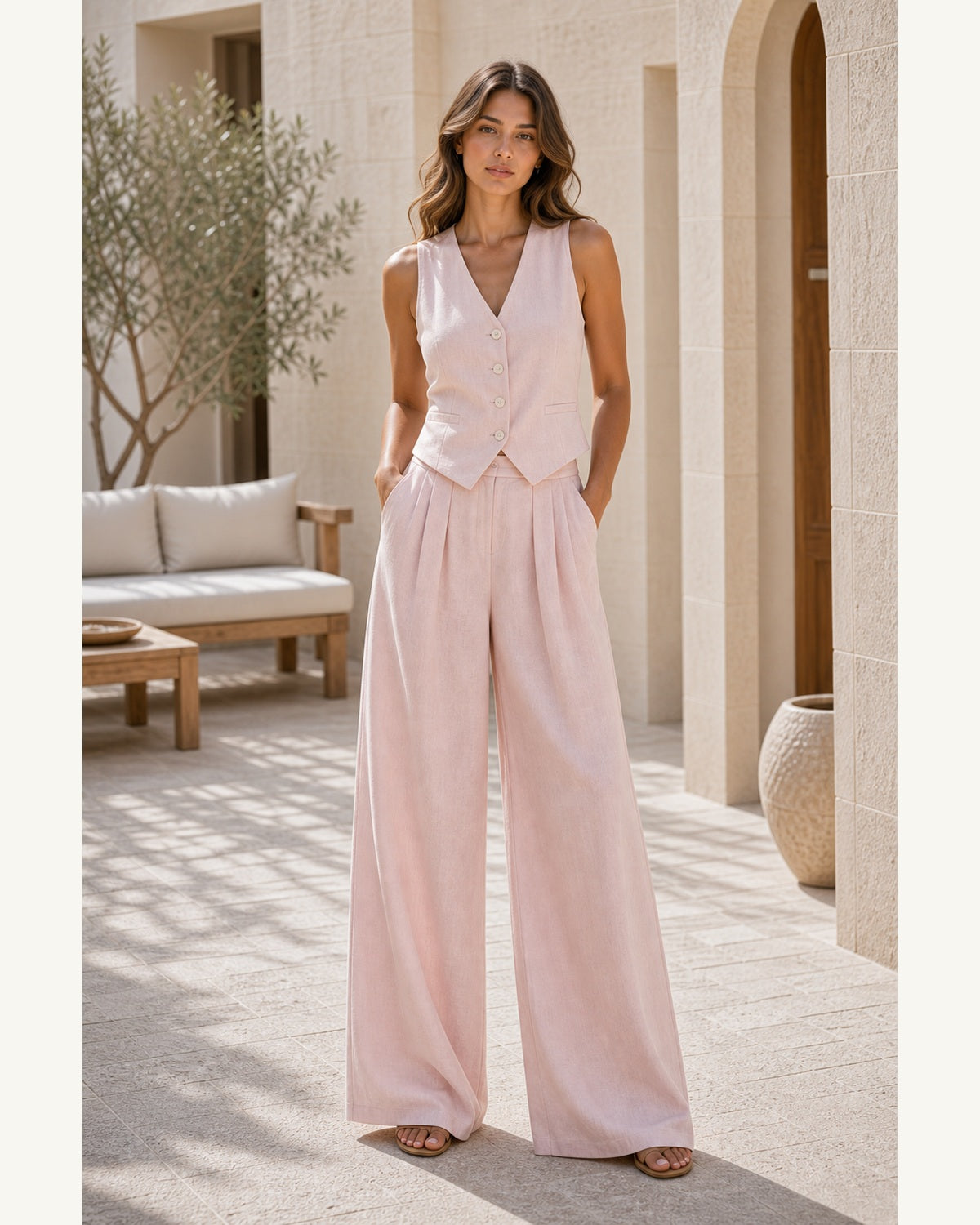 Completo Gilet Rosa Cipria e Pantaloni Ampi - Rosa