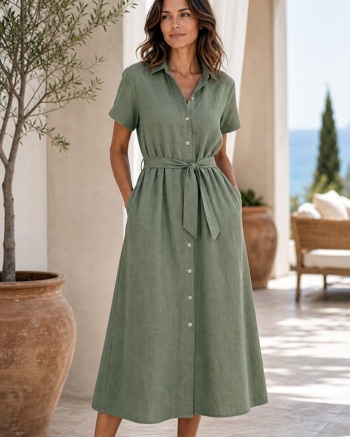 Abito Chemisier Midi in Cotone Lino - Verde, look estate elegante