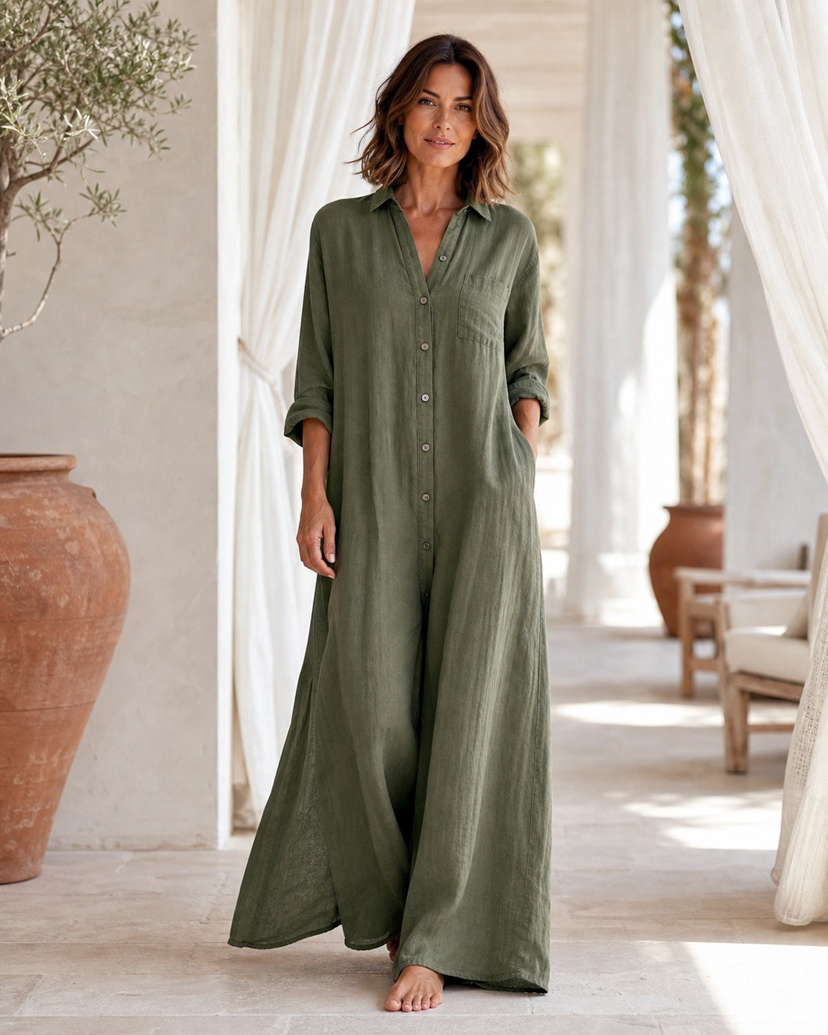 Tuta Palazzo in Cotone-Lino con Bottoni - Verde oliva, look resort elegante